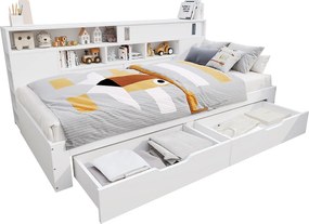 Łóżko dziecięce - 140 x 200 cm - z 2 szufladami + regał + szafka - MDF - białe