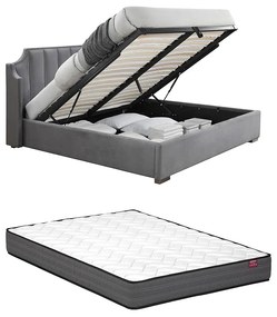 Łóżko ze skrzynią i zagłówkiem z bocznymi panelami 160 x 200 cm - Welur - Jasnoszary + Materac - TEOMIS