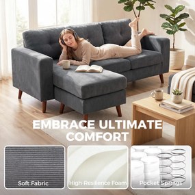 HOMCOM Sofa narożna 192 cm w kształcie L 3-osobowa z odwracalną szezlongą, wygląd sztruksu, do małego pomieszczenia, Ciemnoszary | Aosom PL