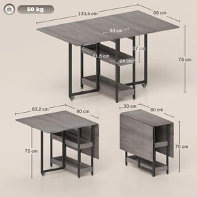 HOMCOM Rozkładany Stół w Stylu Industrialnym, dla do 4 Osób, Otwarte Półki, Elastyczny, Metal, Płyta wiórowa, Szary