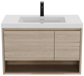 Podwieszana szafka łazienkowa z pojedynczą umywalką w jasnym naturalnym kolorze z kranem - 90 cm - PUJUKA