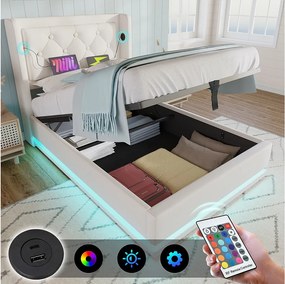 Łóżko ze schowkiem 90x200 cm - biały PU - łóżko dziecięce z oświetleniem LED i ładowaniem USB - bez materaca