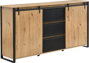 Kredens z 2 przesuwnymi drzwiami i 3 szufladami z MDF i czarnego metalu - Naturalny - BELINARO