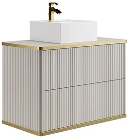 Szafka łazienkowa wisząca  ryflowana ze złotą listwą i kwadratową umywalką nablatową - Beżowy - 80 cm - KELIZA