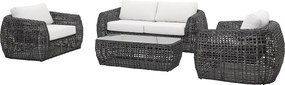 Zestaw mebli ogrodowych z plecionej żywicy : 2-osobowa Kanapa  ogrodowa, 2 fotele i 1 stolik kawowy - Antracytowy z białymi poduszkami - VEYRO od MYLIA