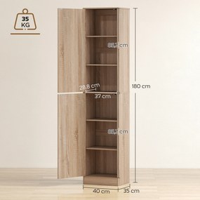 HOMCOM 180 cm wysoka szafka łazienkowa, wąska szafka z 2 drzwiami, 4 regulowane półki, płyta wiórowa, MDF, drewno naturalne | Aosom PL