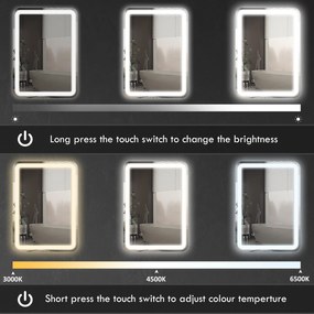 HOMCOM Lustro łazienkowe, podświetlane, sterowanie dotykowe, przeciwmgielne, ściemnialne, 3 kolory światła, 70x90, srebrne