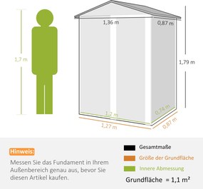 Outsunny Metalowy Składzik Ogrodowy 1,1 m², Schowek z Dwuspadowym Dachem, Przesuwnymi Drzwiami i Rękawicami, 136 x 87 x 179 cm | Aosom PL