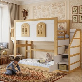 Łóżko piętrowe dla dzieci - 90 x 200 cm - schody do przechowywania + okno - sosna + płyta MDF - białe + naturalne