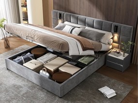 Łóżko z weluru - 160x200cm - z LED i portem do ładowania - Szary (stolik nocny nie wchodzi w skład)