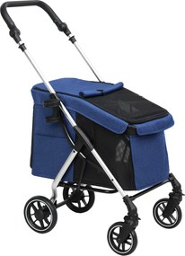 PawHut Wózek dla psów, lekki i składany transporter dla małych psów, zdejmowana poduszka, okna z siatki, Ciemnoniebieski