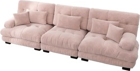 Różowa sofa 3-osobowa - sofa prosta z 3 poduszkami lędźwiowymi i 3 poduszkami dekoracyjnymi - szenil