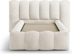 Beżowe tapicerowane łóżko jednoosobowe ze schowkiem i stelażem 90x200 cm Lupine – Micadoni