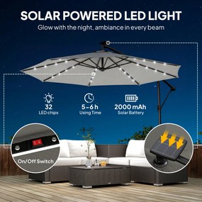 Outsunny Parasol ogrodowy LED solar Ø300 cm, obrotowy, z korbą, stojakiem i pokrowcem, jasnoszary | Aosom PL