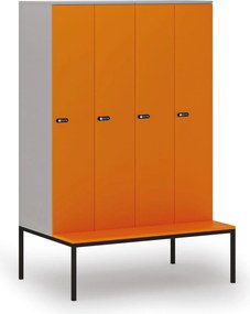Drewniana szafa ubraniowa S4 z ławką, 4-drzwiowa, 1871 x 1200 x 500/800 mm, demontaż, zamek mechaniczny z kodem, szary/pomarańczowy