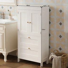 Regał łazienkowy / szafka wolnostojąca – biała – 120 cm – 2 szuflady + drzwiczki – styl loft