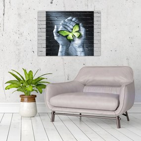 Obraz na szkle - Zielony motyl w ścianie (70x50 cm)