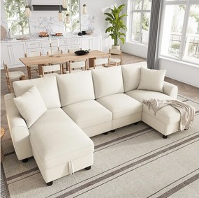 Narożnik w kształcie litery U z szezlongiem ze schowkiem i zdejmowanymi poduszkami – Chenille – 280 x 137 x 84 cm – Beżowy