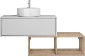 Szafka łazienkowa wisząca z okrągłą umywalką - 1 biała szuflada i 2 naturalne jasne wnęki - 94 cm - TEANA II