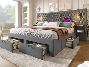 Łóżko dwuosobowe z weluru 180x200 cm - z 2 szafkami nocnymi i 4 szufladami - 2 lampki do czytania z gniazdem USB - Szare (materac nie wchodzi w skład)