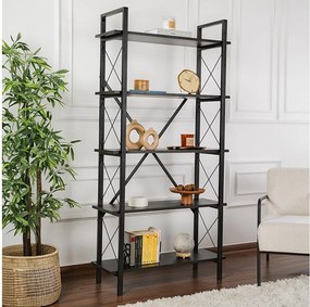 Elegancki czarny regał z metalową ramą, 90 x 180 x 33,5 cm | Płyta wiórowa pokryta melaminą w 100% | Trwała i funkcjonalna konstrukcja, możl