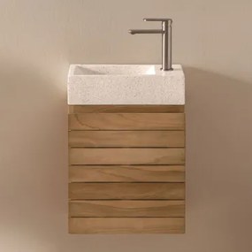 Zestaw Mebli Łazienkowych Z Drewna Tekowego Ze Zintegrowaną Umywalką Z Cementu Napier Drewno Tekowe - Sklum