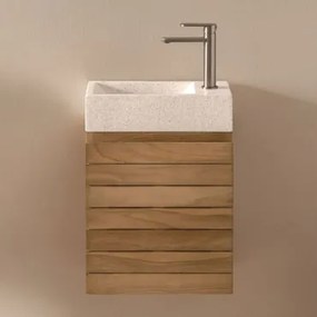 Zestaw Wiszących Mebli Łazienkowych Z Drewna Tekowego Z Umywalką Zintegrowaną Z Cementu Napier Drewno - Sklum