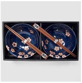 Zestaw 2 niebieskich ceramicznych misek i pałeczek MIJ Pink Sakura