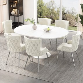Komplet 6 luksusowych krzeseł welurowych - 85 x 47 x 49 cm - z czterema srebrnymi metalowymi nogami - beżowy