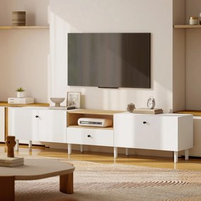 HOMCOM Komoda RTV 200 cm do telewizorów do 228,6 cm, 2 klapy, otwarta półka, szuflada, 8 nóg, płyta wiórowa, biały
