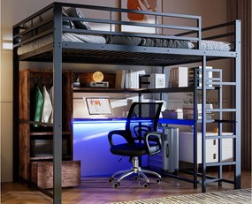 Łóżko na antresoli 140x200 cm – z oświetleniem LED – z biurkiem – z 1 szufladą – ze schodami – czarne