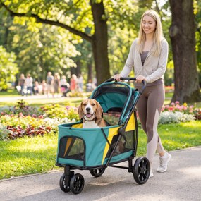 PawHut Składany wózek dla psa do 20 kg z poduszką, oknami z siatki, kieszenią tylną, 92 x 63 x 95 cm, ciemnozielony | Aosom PL
