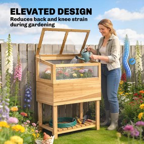 Outsunny Podwyższona grządka z inspektem z drewna, podwyższony doniczkowiec z otwieraną pokrywą, półką, włókniną, ergonomiczny | Aosom PL