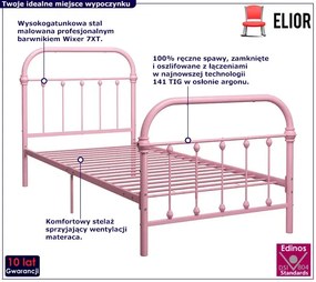 Różowe pojedyncze łóżko metalowe 90x200 cm Loliko