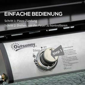 Outsunny Grill gazowy z 2 palnikami, wąż, płyta do grilla nieprzywierająca, stal nierdzewna, Kolor: Srebrny, 48,5 x 46 x 21 cm