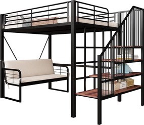 Łóżko na antresoli 140 x 200 cm - Konstrukcja metalowa - Z kanapą - Z drabiną - Czarny​ (materac nie jest wliczony w cenę)