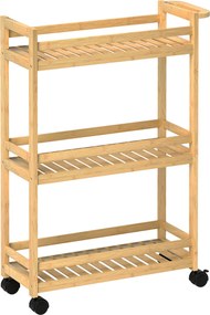 HOMCOM Wózek Serwisowy, 3 Poziomy, Półki Listwowe, Zabezpieczenie przed Wypadaniem, Bambus, 55 x 20 x 75 cm