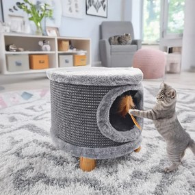 Solidny drapak dla kota, mały 38cm, szary z piórkiem i legowiskiem Cabin II