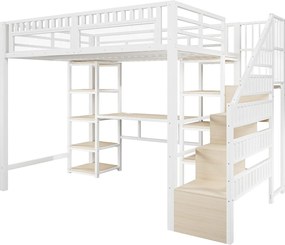 Łóżko na antresoli 140x200 cm - Zintegrowana drabina z pojemnikami - Wbudowane biurko - Listwa LED + port USB - biały​ (materac nie jest wliczony w cenę)