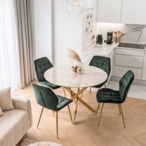 Stół Okrągły Szklany BALI 100 cm Biały Marmur/Złoty Glamour