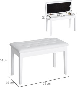 HOMCOM Taboret do Pianina Biały Wiejski Styl z Schowkiem Drewno Kauczukowe Sztuczna Skóra 76x36x50cm | Aosom PL
