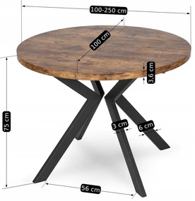 Stół Okrągły Rozkładany LUKAS 100-250 cm Dąb Rustykalny Nowoczesny Loft