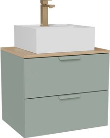Wisząca szafka łazienkowa z umywalką wpuszczaną w blat kwadratową i baterią – Szałwiowa zieleń – S60 cm – AVORELI