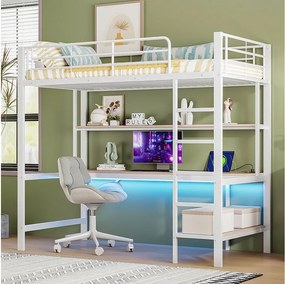 Łóżko antresolowe 90x200 cm z oświetleniem USB i LED, półkami i biurkiem, białe – bez materaca