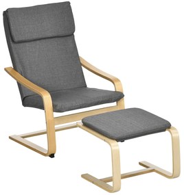 HOMCOM Fotel Relaksacyjny z Podnóżkiem Szary Lniany Pokrycie Drewniana Rama Wygodne Siedzisko z Podłokietnikami | Aosom PL