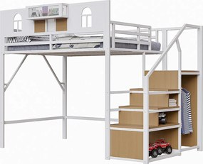 Łóżko mezzanine metalowe 140x200 cm - z drabinką z miejscem do przechowywania - z barierkami bezpieczeństwa - z otwartą szafą - biały