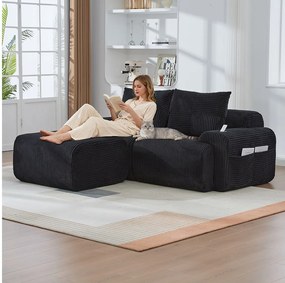 Sofa modułowa 2-osobowa - 200 x 174 x 80 cm - z 1 pufem + uchwytem na kubek + kieszenią do przechowywania - aksamitna - czarna