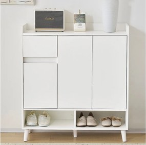 Szafka na buty do przedpokoju z regulowanymi półkami, 3 drzwiami i 1 szufladą, drewniane nogi - biała