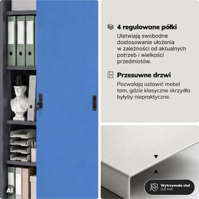 Szafa metalowa biurowa z drzwiami przesuwnymi antracytowo-niebieska, 900x1850x400 mm: KUBA