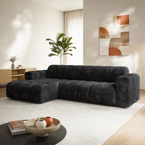 Masseno Narożnik SETIA Lewostronny, L-Kształtny, Nowoczesna Sofa narożna, Tkanina Szenilowa - Czarny, LUMO 80